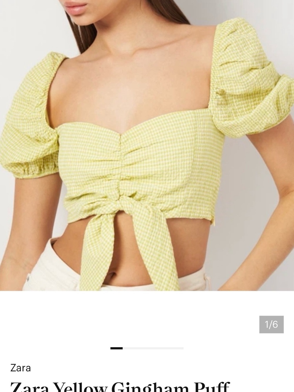 Zara Lemon Gingham Puff-Sleeve Tie Front Crop Top